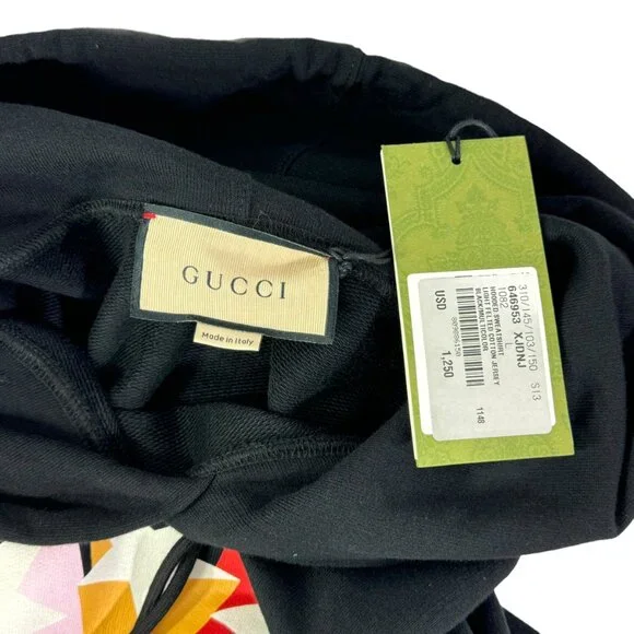 $1,250 GUCCI Black Cotton Multicolor Start GG Men's Hooded Sweatshirt Italy L